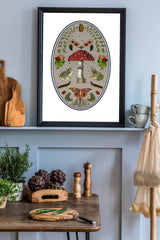 Frogs at the Magical Woods, botanical illustrations, magic art print, boho Aesthetic, Frog art print, Cottagecore Nature print, moths giclee