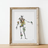 Human Skeleton with blue birds