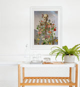 Skeleton covered with flowers over morning Landscape
