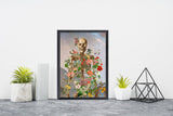 Skeleton covered with flowers over morning Landscape