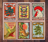 Matches Box  Postcards set or Wall Art, Vintage style printing, Tricolor printing style, Matches Box Art Prints, Postcard set of six