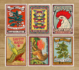 Matches Box  Postcards set or Wall Art, Vintage style printing, Tricolor printing style, Matches Box Art Prints, Postcard set of six