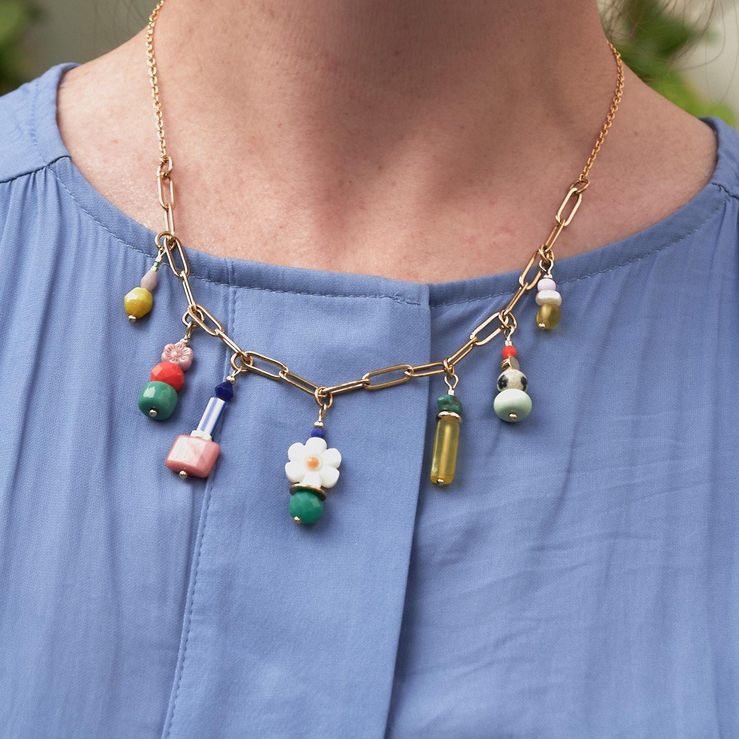 Colorful Multi-Gemstone Charm Necklace