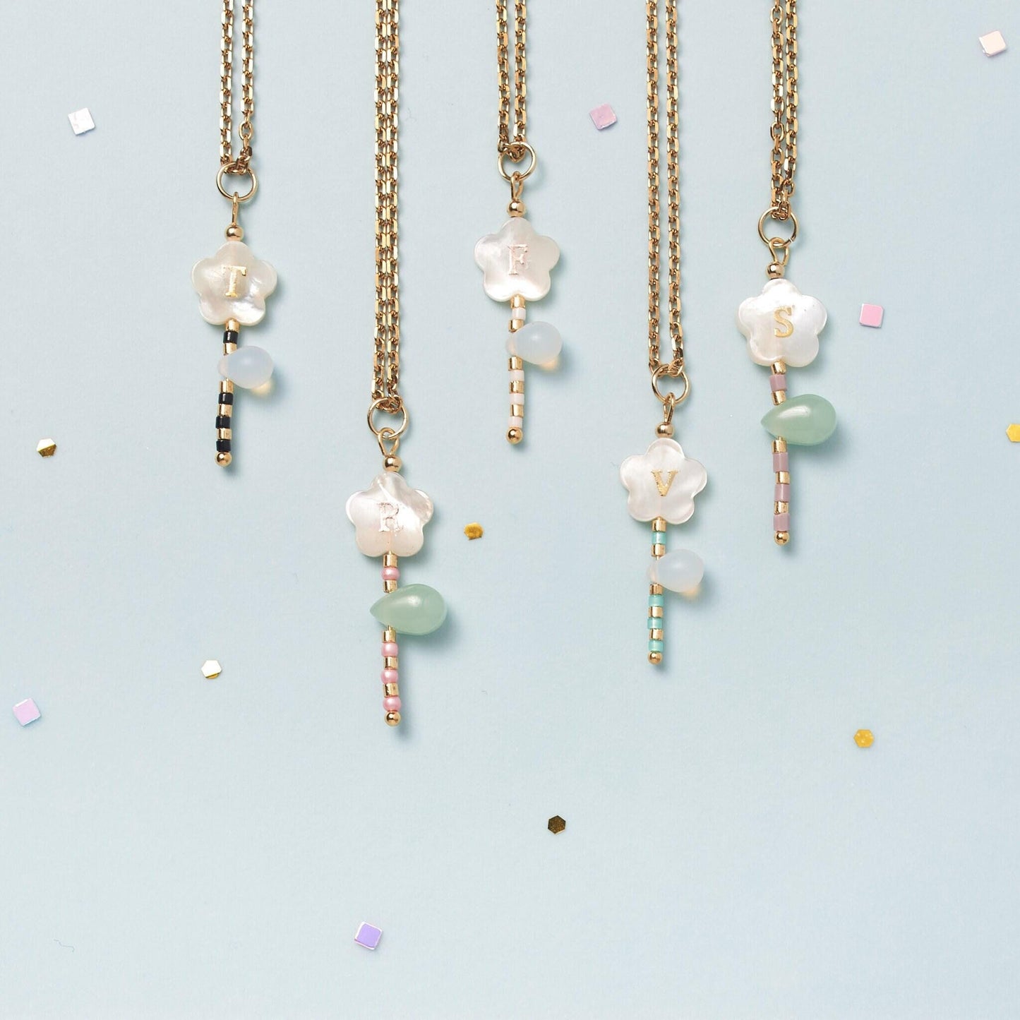 Custom Mother of Pearl Floral Initial Necklace