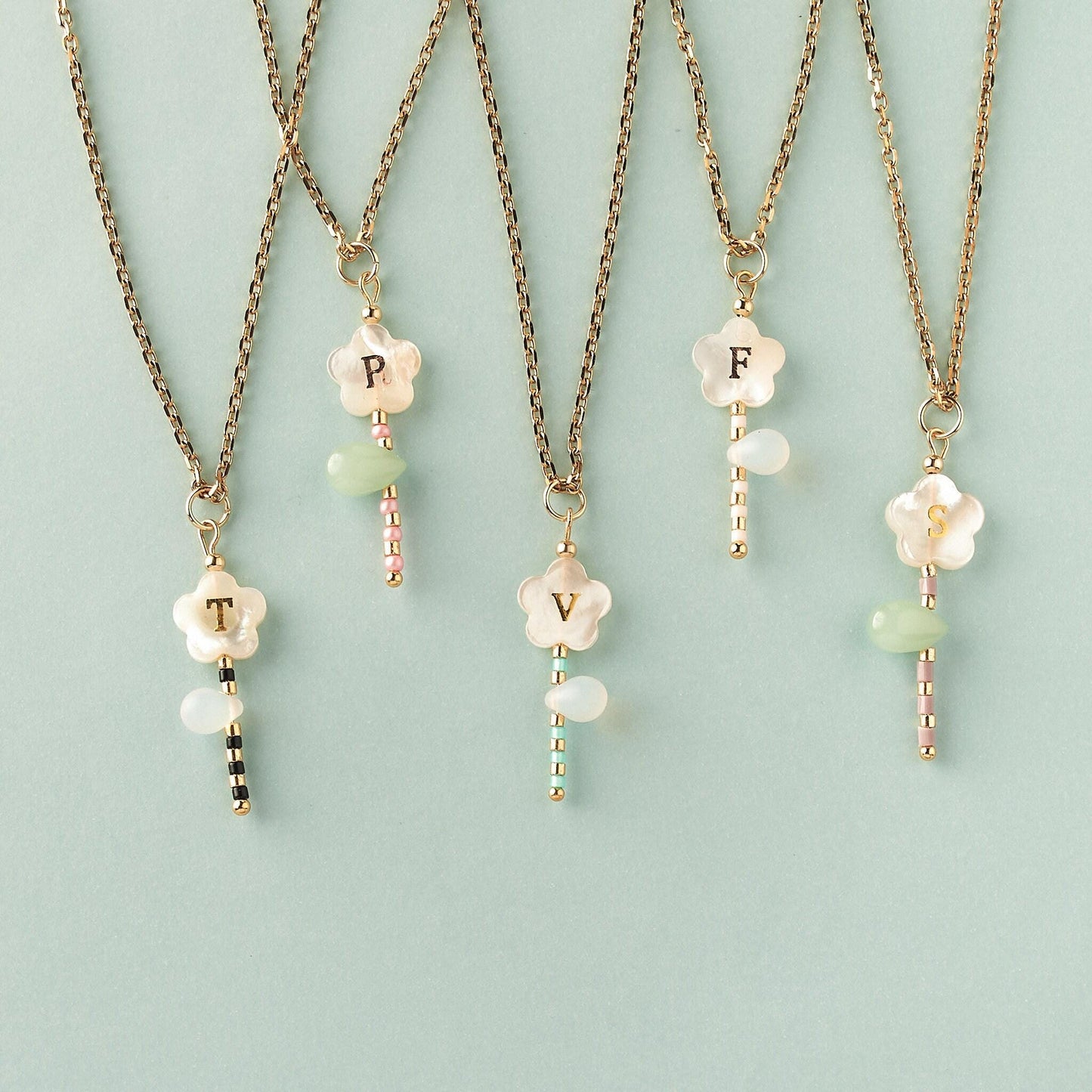 Custom Mother of Pearl Floral Initial Necklace