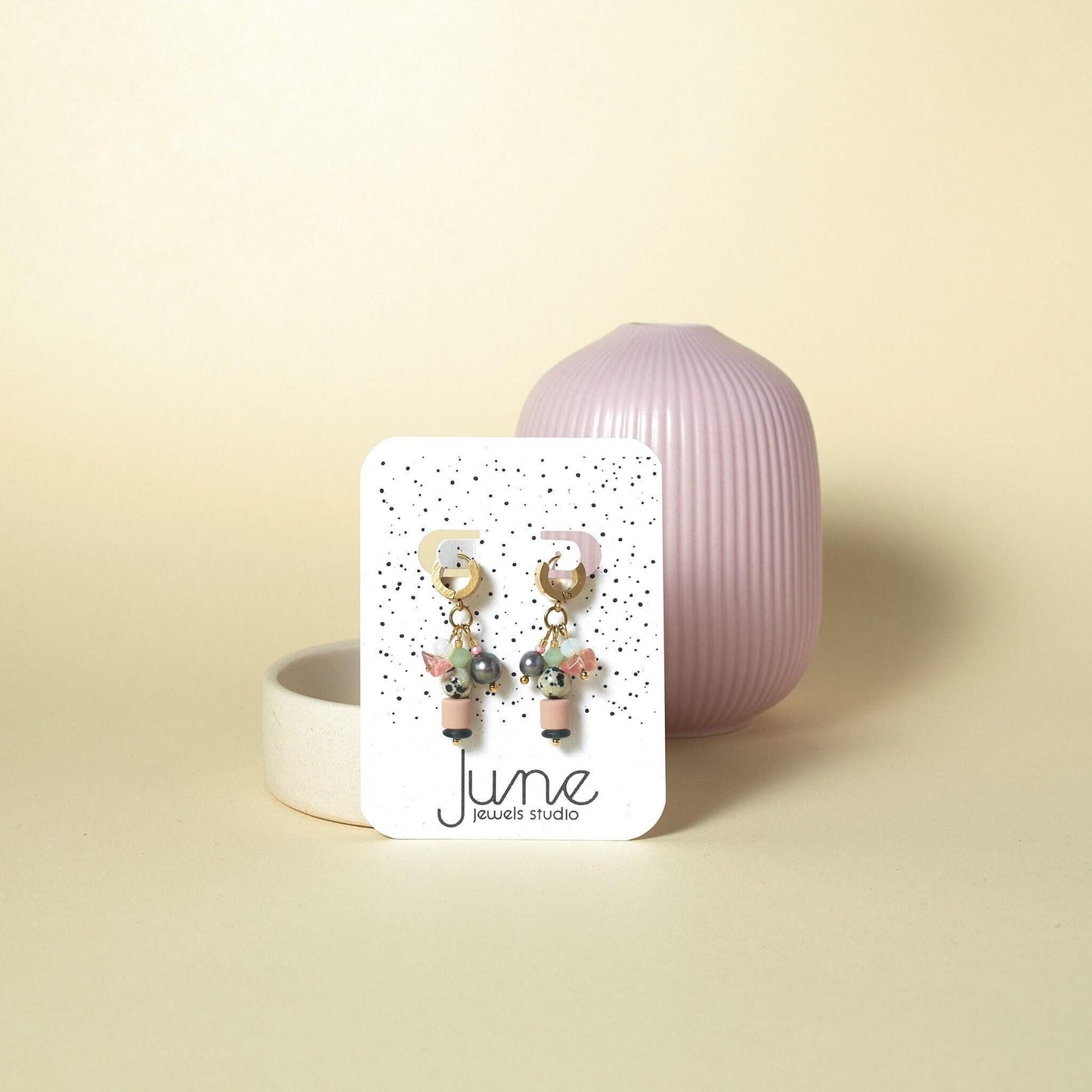 Handcrafted Leopardite & Black Pearl Huggie Hoops