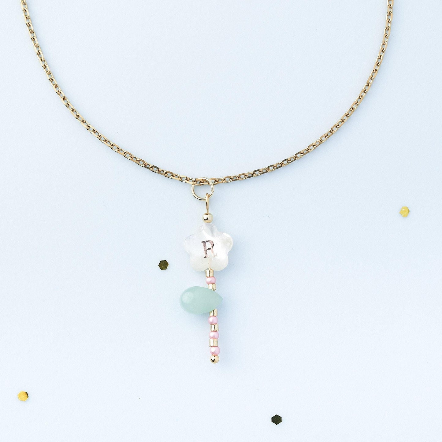 Custom Mother of Pearl Floral Initial Necklace