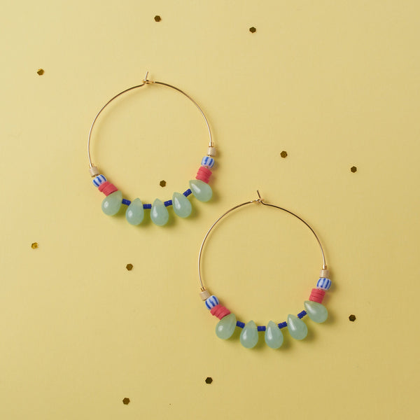 Aquamarine colored Drops hoops, gold plated earrings, statement earrings, colorful jewelry, hoop earrings, Bestfriend gift, EAR 026