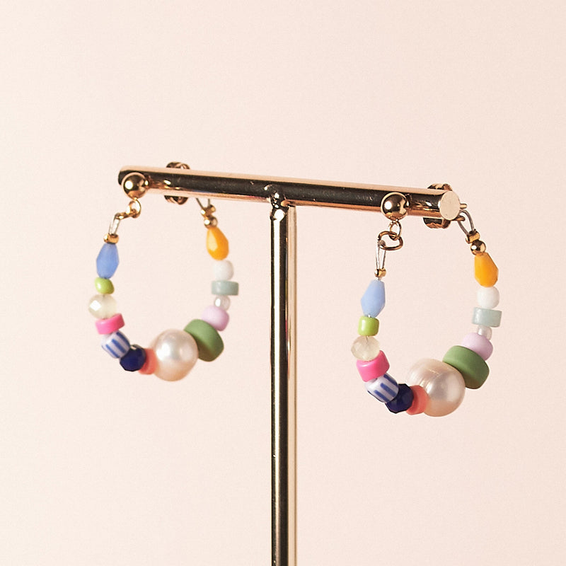 Colorful Beaded hoops, gold plated earrings, natural stone earring, statement earrings, colorful jewelry, hoop earrings, Bestfriend gift