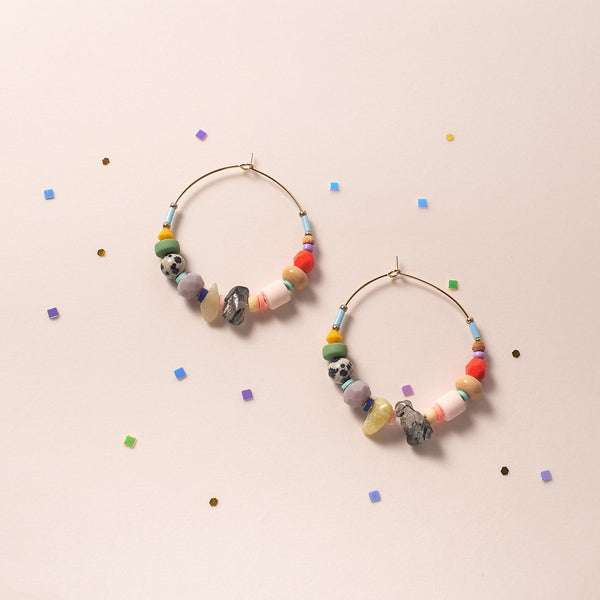 Colorful Beaded hoops, gold plated earrings, natural stone earring, statement earrings, colorful jewelry, hoop earrings, Bestfriend gift