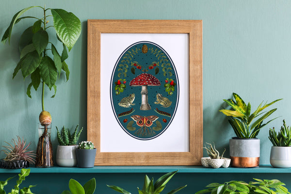 Frogs at the Magical Night, botanical illustrations, magic art print, boho Aesthetic, Frog art print, Cottagecore Nature print, moths giclee