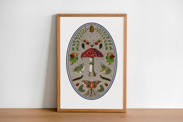 Frogs at the Magical Woods, botanical illustrations, magic art print, boho Aesthetic, Frog art print, Cottagecore Nature print, moths giclee