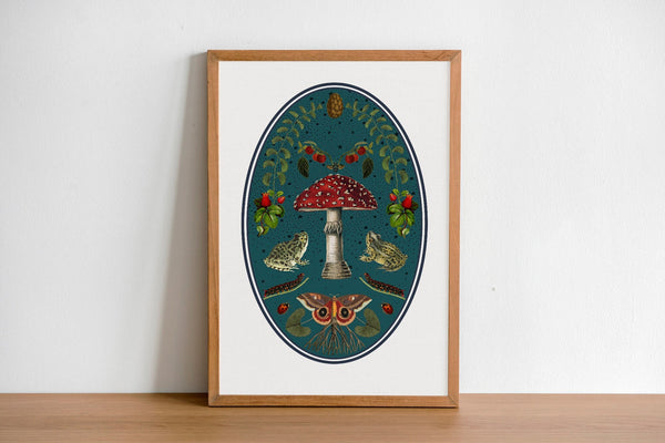 Frogs at the Magical Night, botanical illustrations, magic art print, boho Aesthetic, Frog art print, Cottagecore Nature print, moths giclee