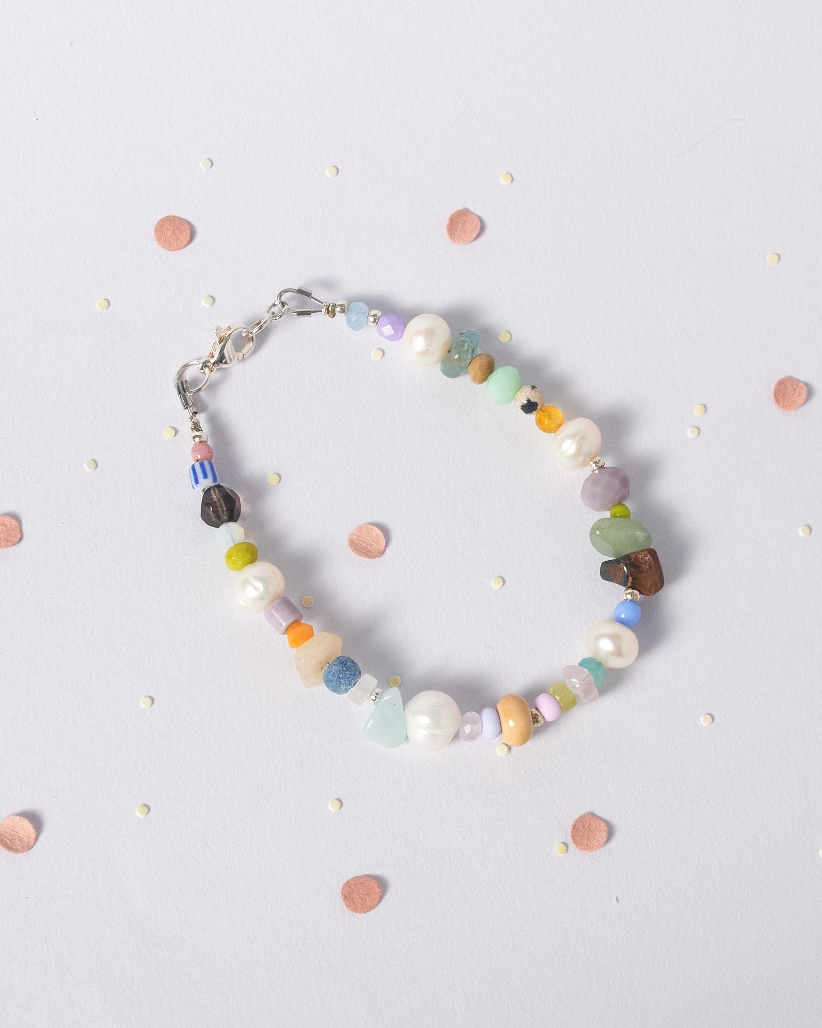 Pearl beaded Bracelet, unique jewelry Bracelet with Natural Gemstones and beads, friendship Bracelet gift Idea, Silver plated
