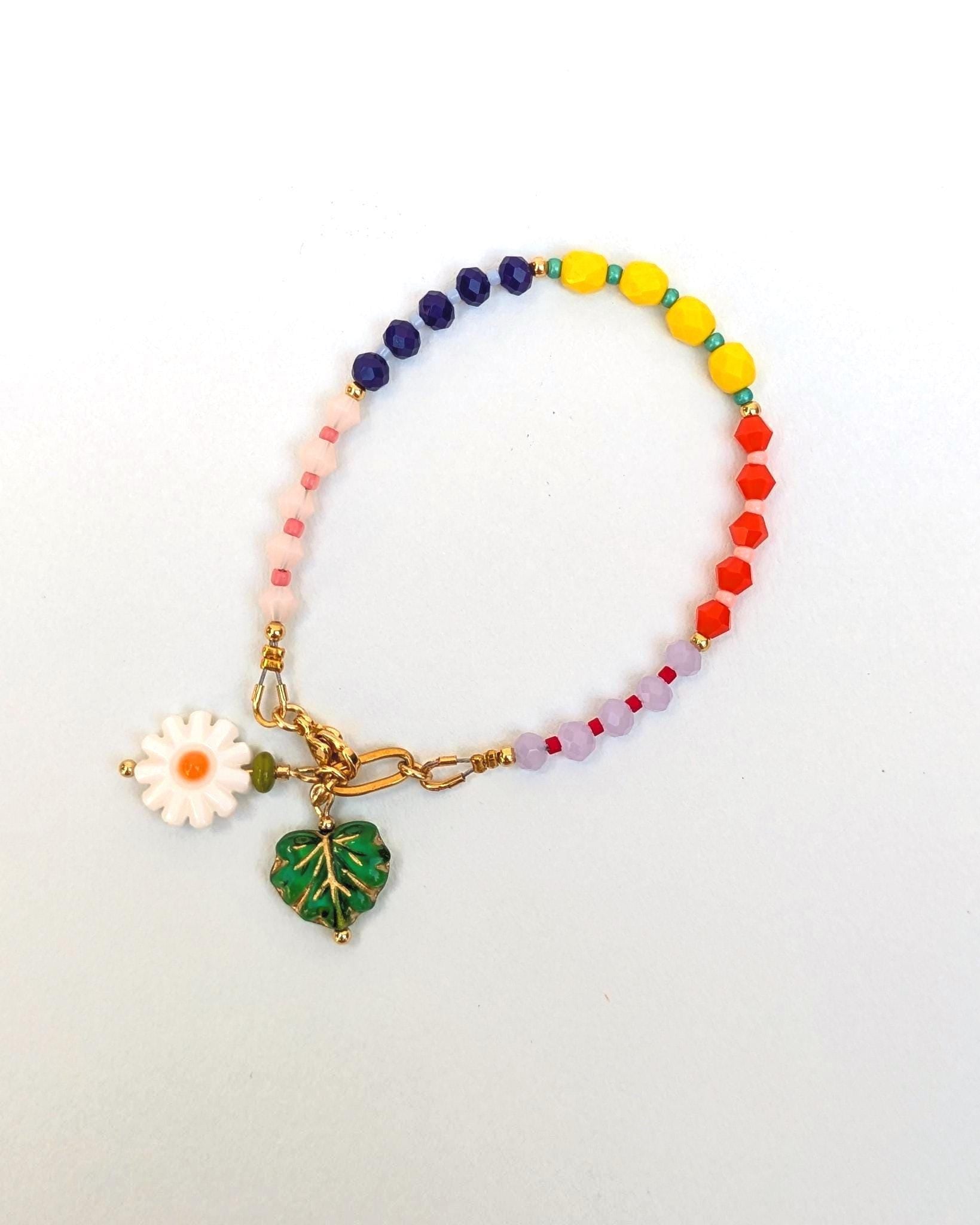 Handmade Czech Glass Bead Bracelet with Carved Shell Flower Charm