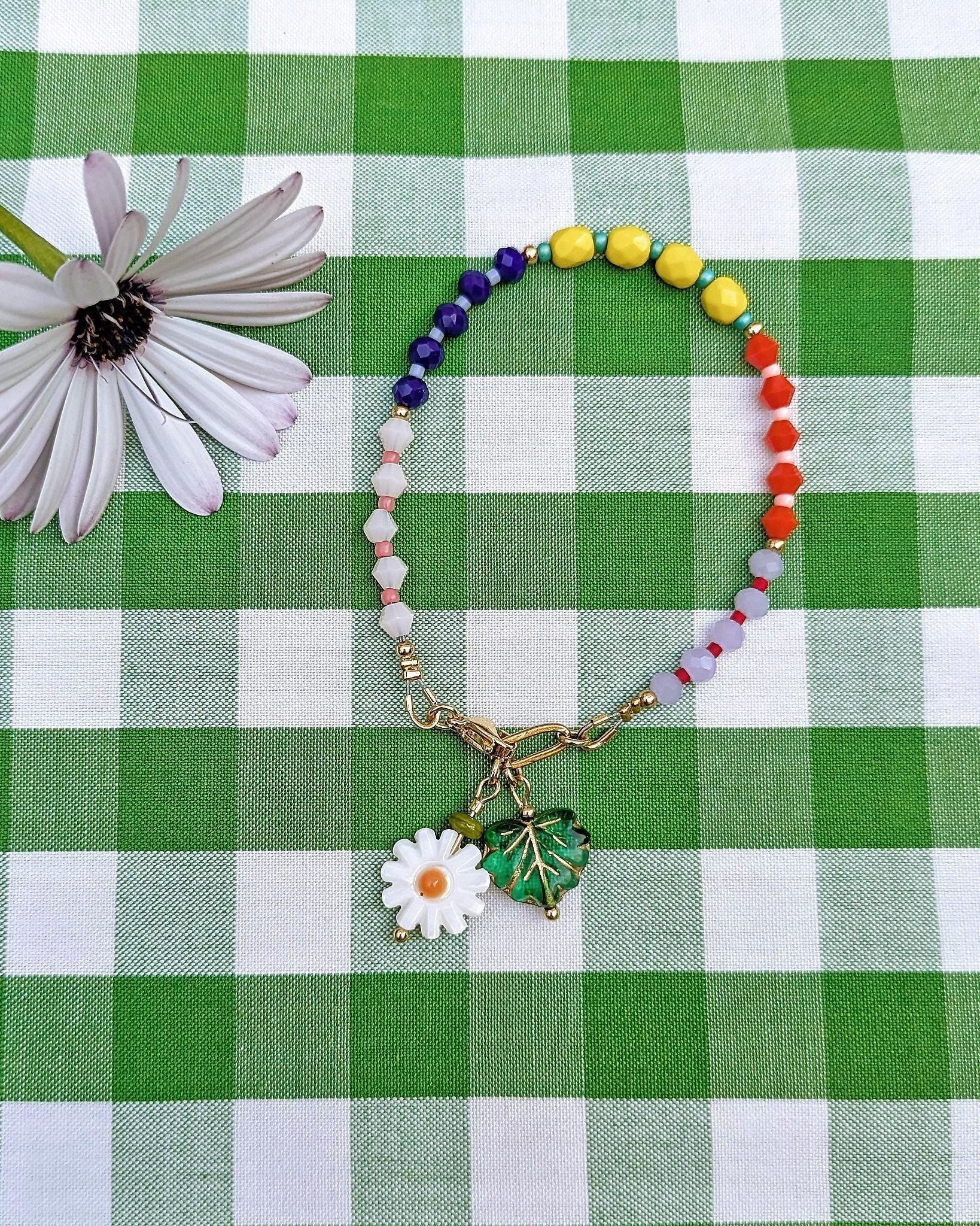 Handmade Czech Glass Bead Bracelet with Carved Shell Flower Charm