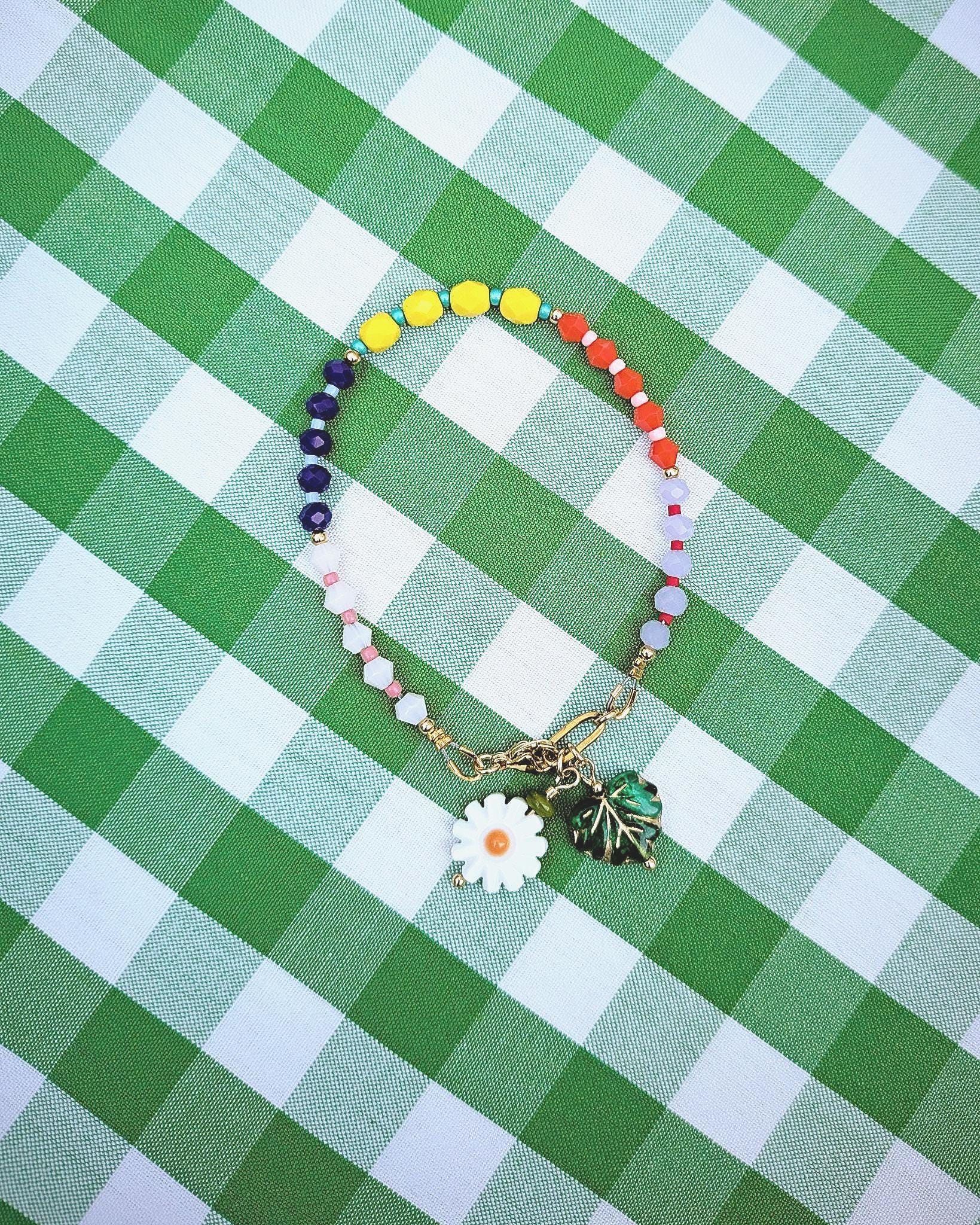 Handmade Czech Glass Bead Bracelet with Carved Shell Flower Charm