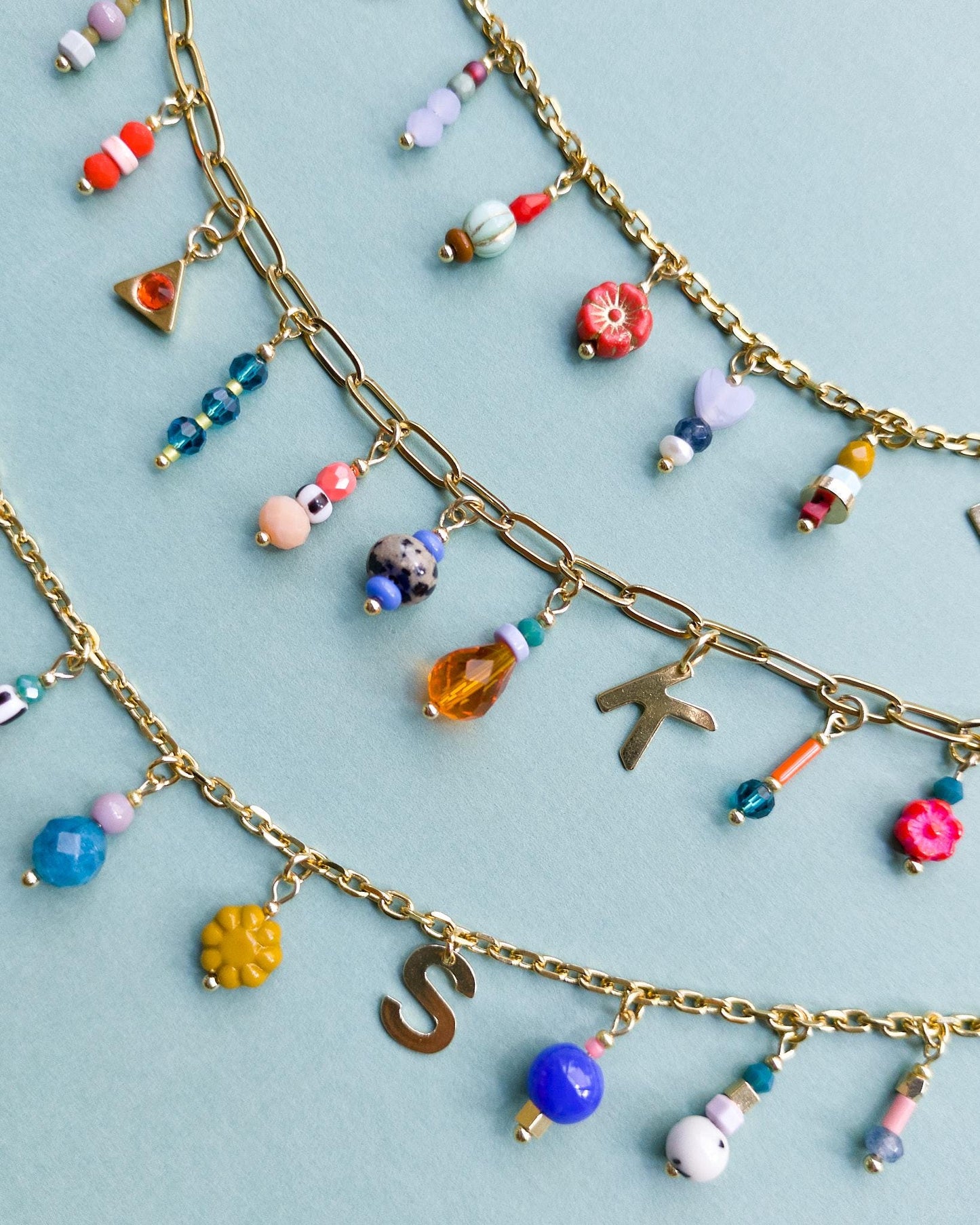 Personalized Charm Bracelet: Czech Glass Beads, Gold Plated Stainless Steel