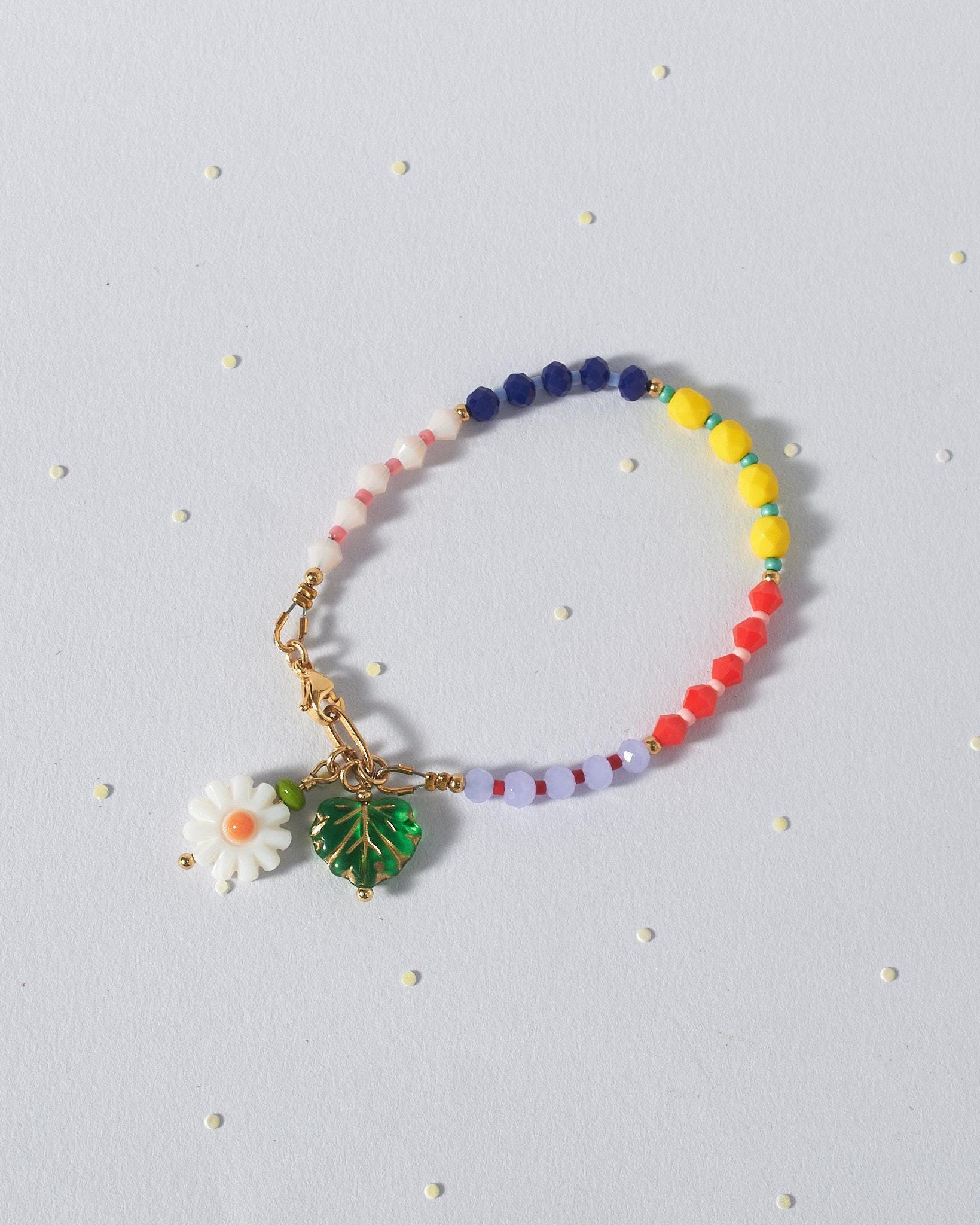 Handmade Czech Glass Bead Bracelet with Carved Shell Flower Charm