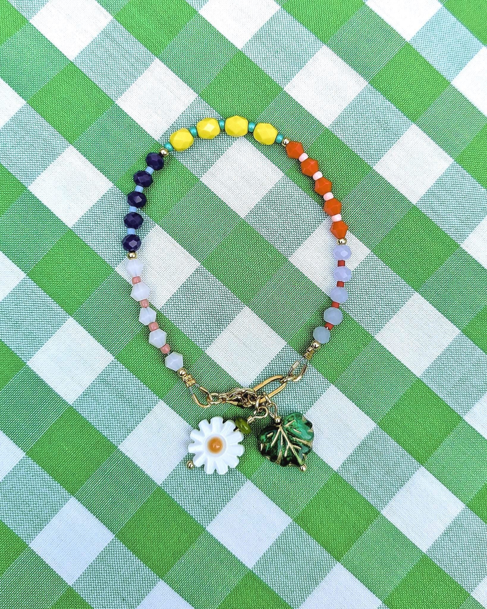Handmade Czech Glass Bead Bracelet with Carved Shell Flower Charm