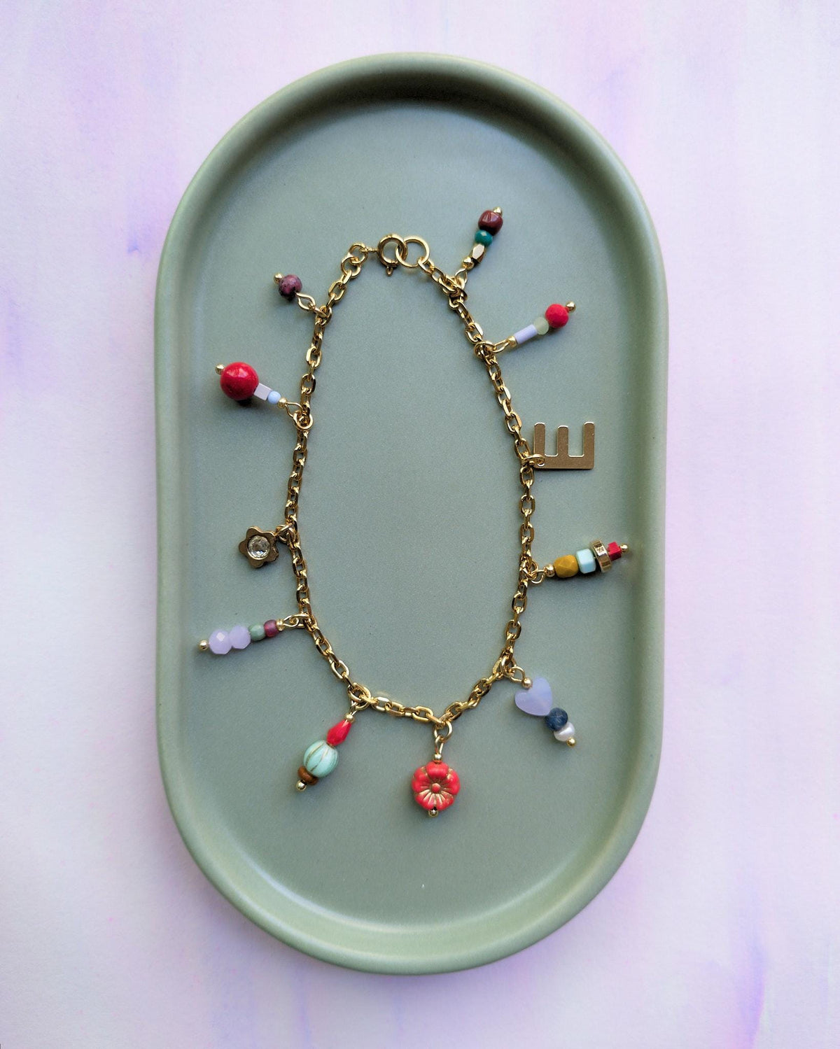 Personalized Charm Bracelet: Czech Glass Beads, Gold Plated Stainless Steel