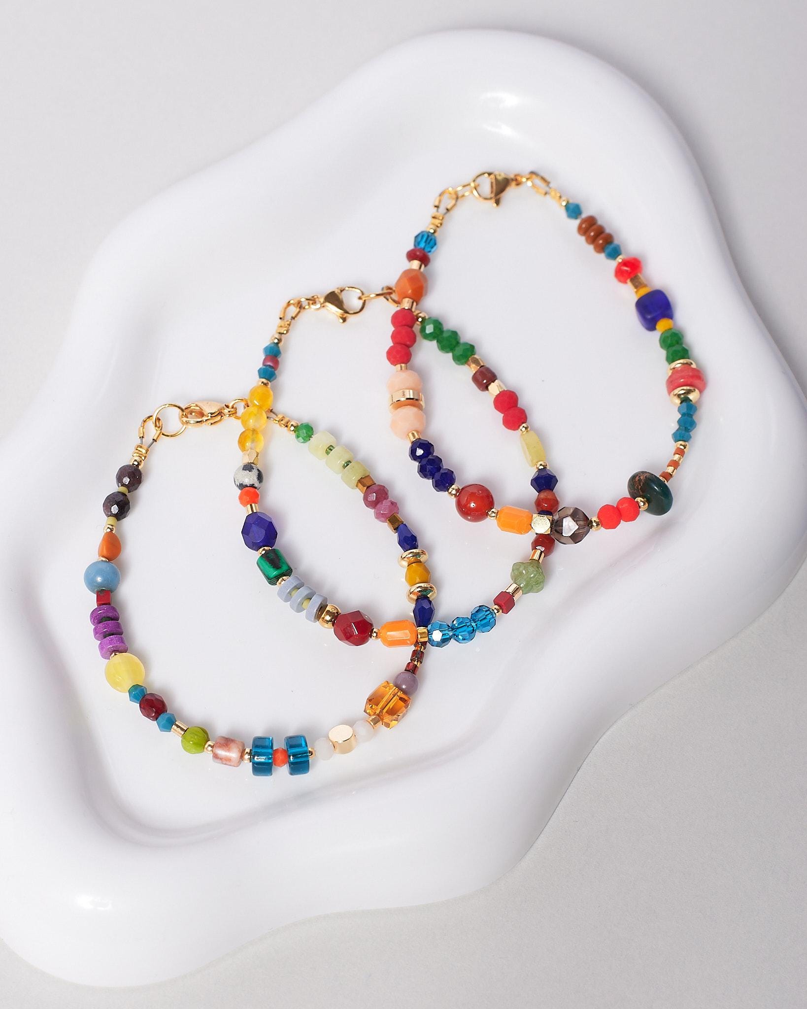 Colorful Gemstone Beaded Bracelet, Gold Plated Natural Stone Jewelry, Dainty Stacking Friendship Gift for Her