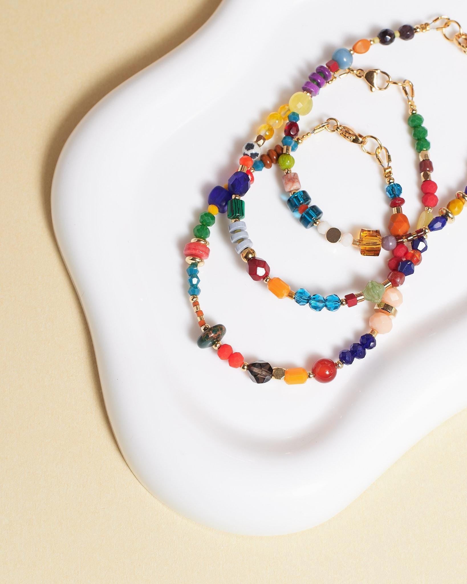 Colorful Gemstone Beaded Bracelet, Gold Plated Natural Stone Jewelry