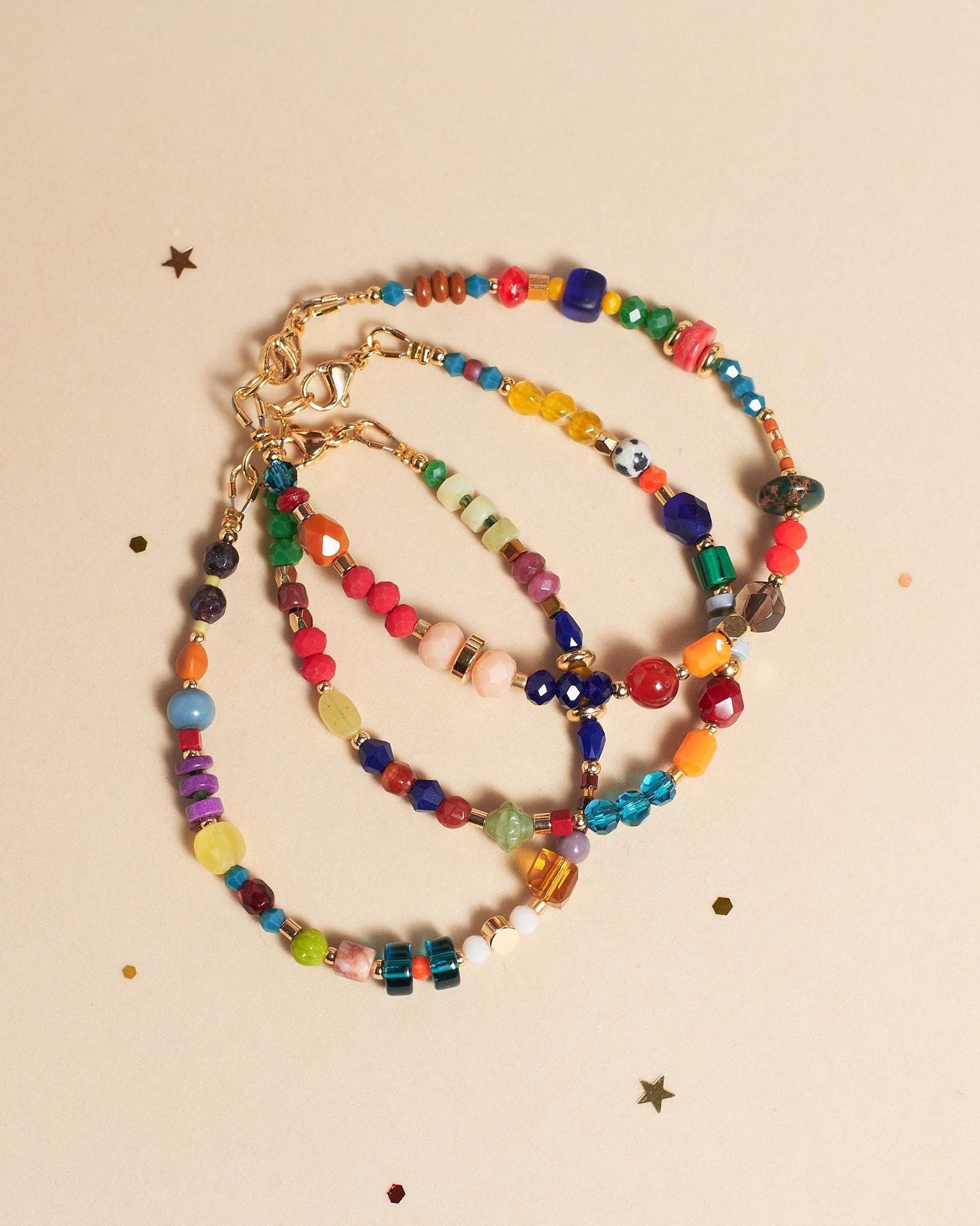 Colorful Gemstone Beaded Bracelet, Gold Plated Natural Stone Jewelry, Dainty Stacking Friendship Gift for Her