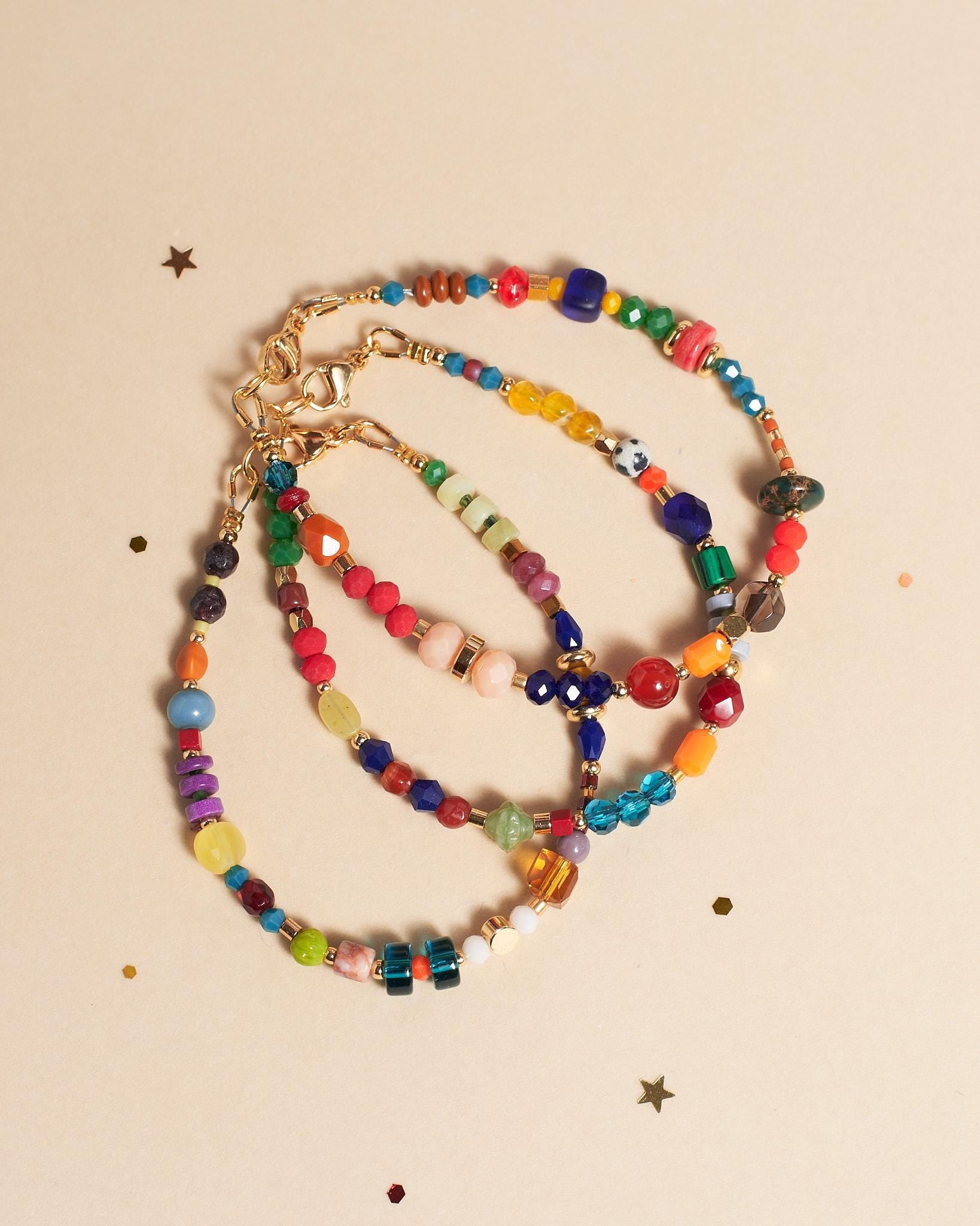 Colorful Gemstone Beaded Bracelet, Gold Plated Natural Stone Jewelry, Dainty Stacking Friendship Gift for Her