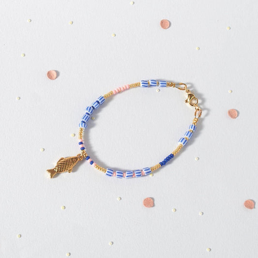 Tiny Fish Charm Bracelet, Dainty White and Blue Beaded Jewelry