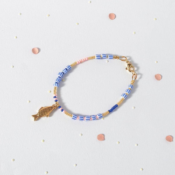 Tiny Fish Charm Bracelet, Dainty White and Blue Beaded Jewelry