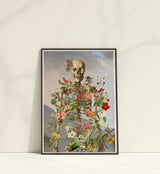 Skeleton covered with flowers over morning Landscape