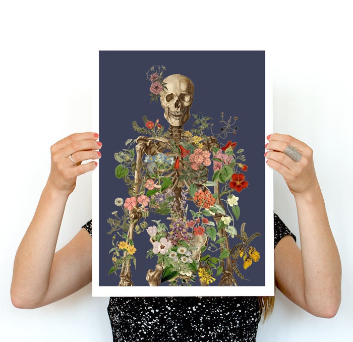Skeleton covered with flowers at the deep night Print