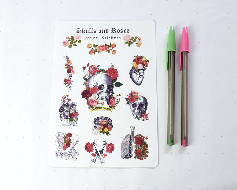 Christmas gift Skulls and Roses Stickers - Anatomy Stickers - Journal Stickers - Sticker - Scrapbook Stickers - Body Stickers - STS009