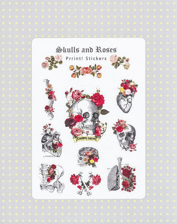 Christmas gift Skulls and Roses Stickers - Anatomy Stickers - Journal Stickers - Sticker - Scrapbook Stickers - Body Stickers - STS009