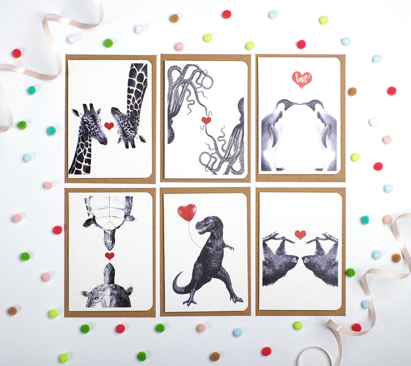 Christmas Funny Card - Thank You Card - Set of 6 - Love Fun Animal Greeting Cards - Folded Cards - Octopus Cards - T Rex Card - NTC015