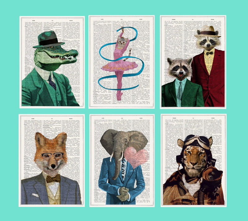 Funny christmas card set -  thank you card -  Greeting card - Animals in Suits - Set of 6  - Funny Animals Postcards -  PSC011