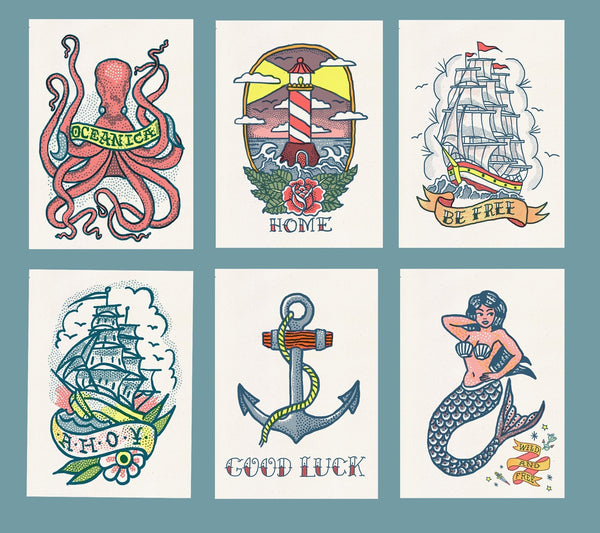 Old school Tattoo Sea themed Postcards Set