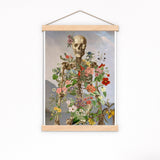Skeleton covered with flowers over morning Landscape