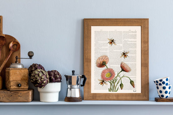 Bees with Wild Daisy flowers Print