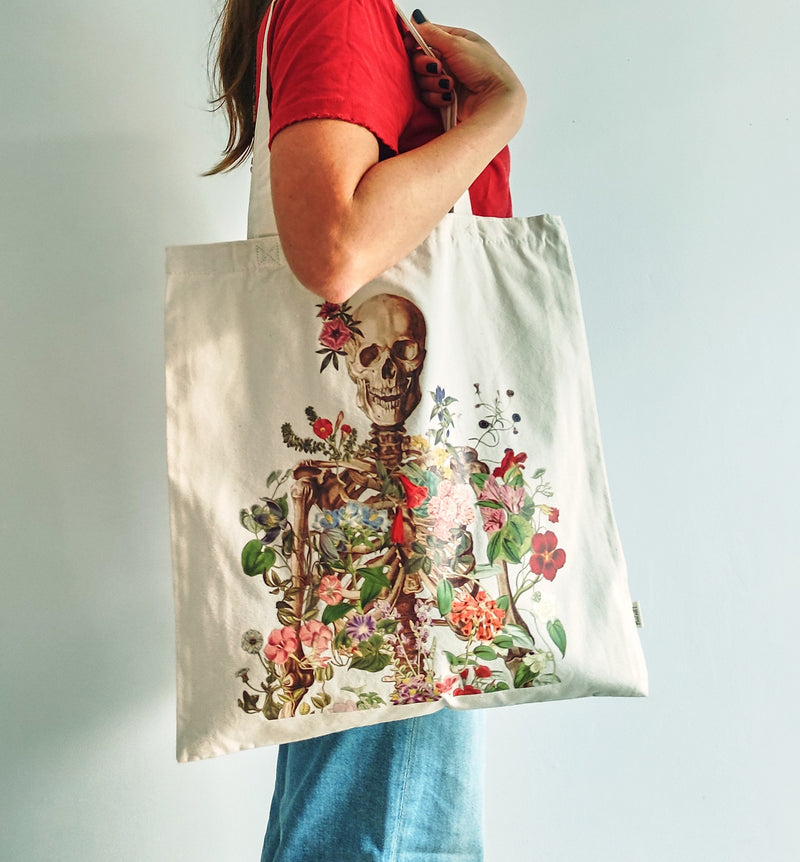 Christmas Gifts, svg Tote Bag organic cotton , Flower Skeleton tote bag with pocket, shoulder bag, Doctor gift, Medical student gift, TBC005
