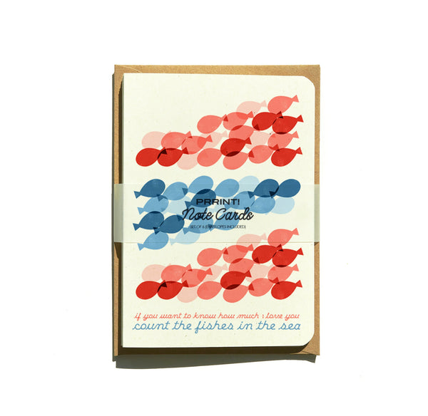 Sealife notecards set - Sea life Cards - Set of 6 - Beach and sea Greeting Cards - Folded Cards - red and blue note cards  - NTC019