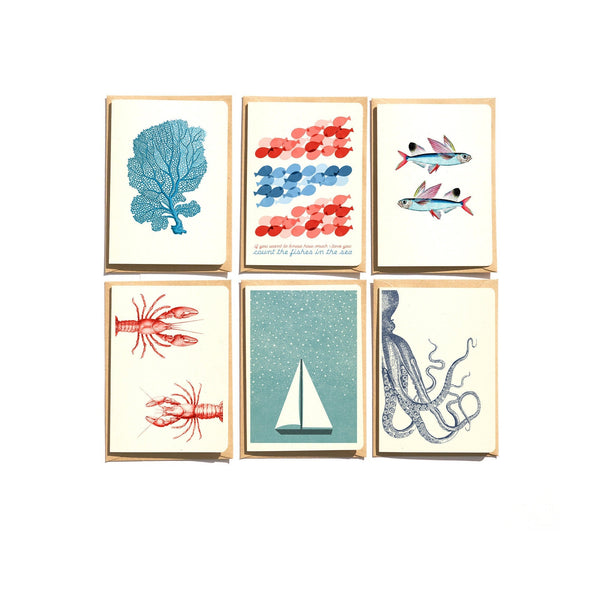 Sealife notecards set - Sea life Cards - Set of 6 - Beach and sea Greeting Cards - Folded Cards - red and blue note cards  - NTC019