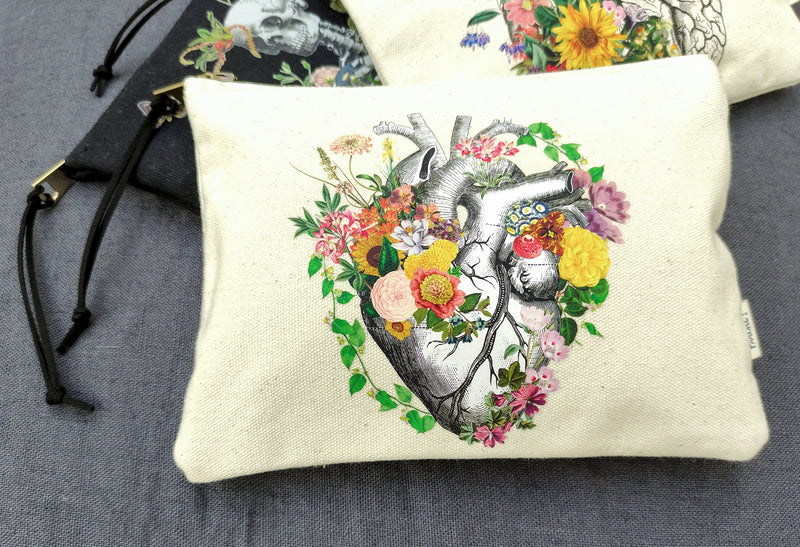 Floral Heart Bag | Heart Anatomy Purse | Organic Cotton Clutch | Med Student Gift | Cute Accessory Purse | Human Heart Anatomy Purse |PBC001