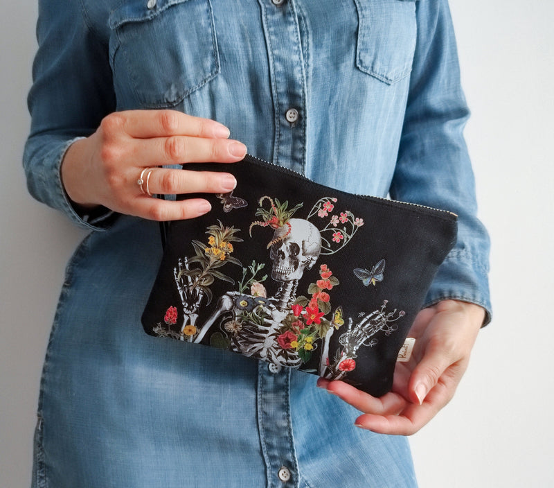 Floral Skeleton Bag | Anatomy Purse | Organic Cotton Clutch | Med Student Gift | Cute Accessory Purse | Human Skeleton Anatomy Purse |PBC003