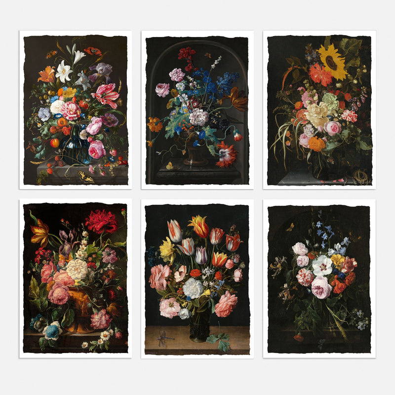 Vintage Botanical Art - Black Still Life art - Gift Cards - Set of 6 - Floral Greeting Cards - Postcards - Black Art Cards - PSC025