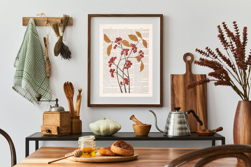 Berry Branch with Yellowed leaves | Vintage Print Farmhouse Berry Art | Neutral Botanical Art | Autumn Art | Book Page Prints | BFL288