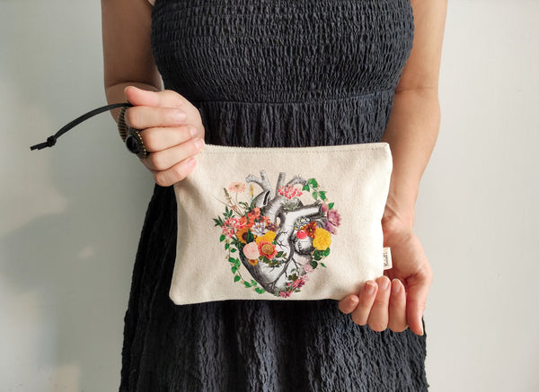 Floral Heart Bag | Heart Anatomy Purse | Organic Cotton Clutch | Med Student Gift | Cute Accessory Purse | Human Heart Anatomy Purse |PBC001