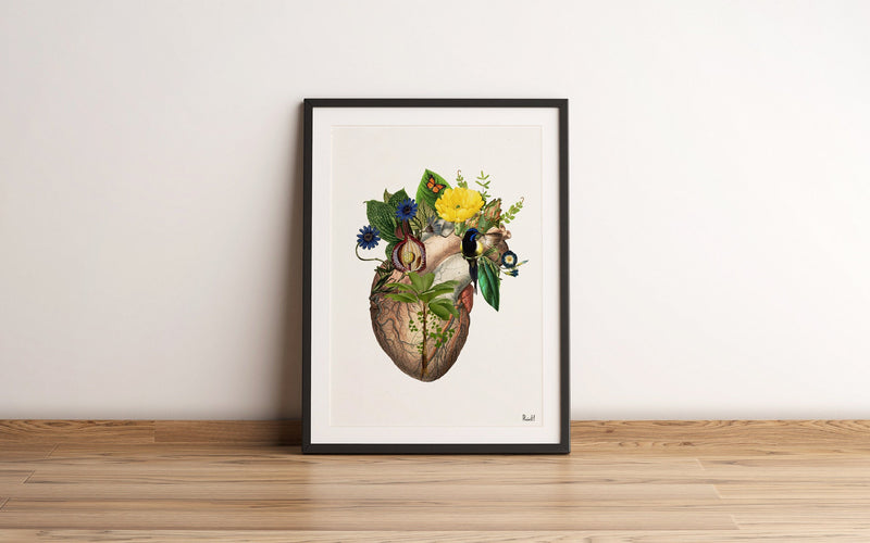 Blue Hummingbird Heart - Wall art print Flower Heart - Anatomy Illustration - Love Wall Art - Anatomical Heart - SKA302