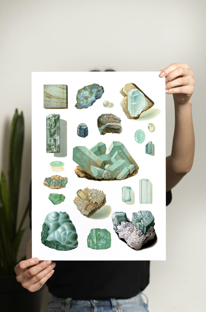Crystals and Minerals print, Aquamarine Wall Art , Science art, Wall art decor, Crystal stones Art print, TVH165